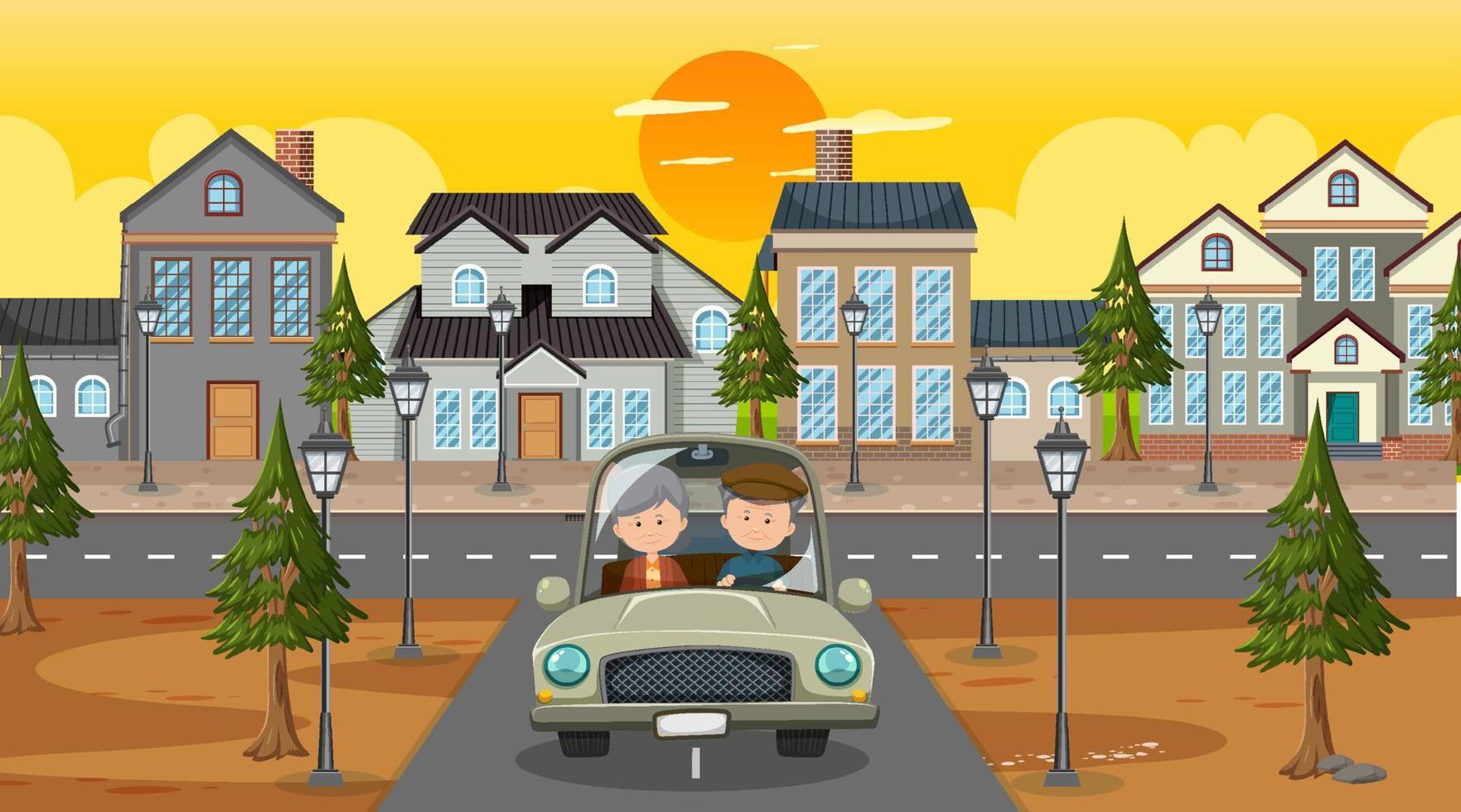 Old couple in a car on the road vector