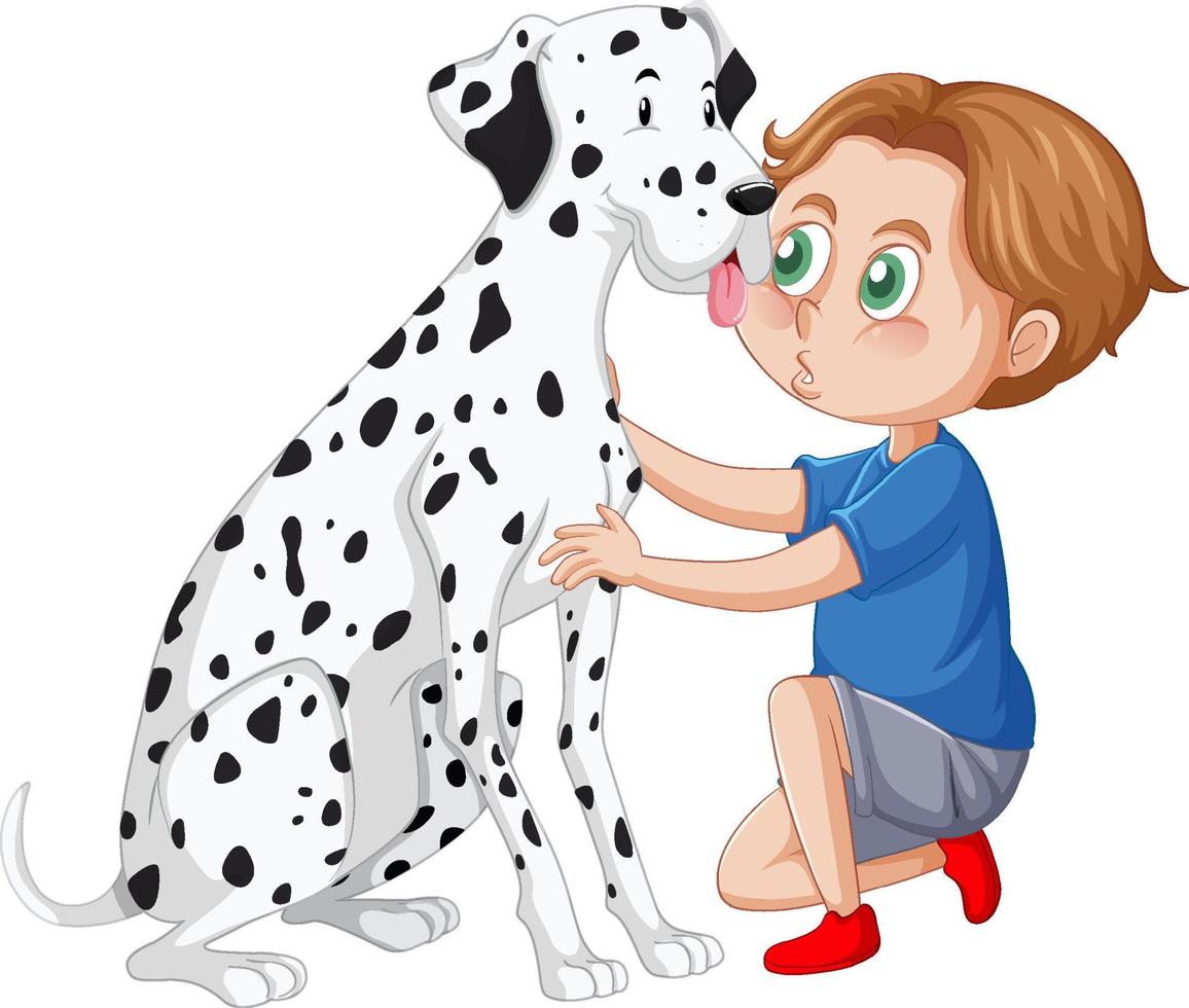 A happy boy sitting on the floor and pets dog vector