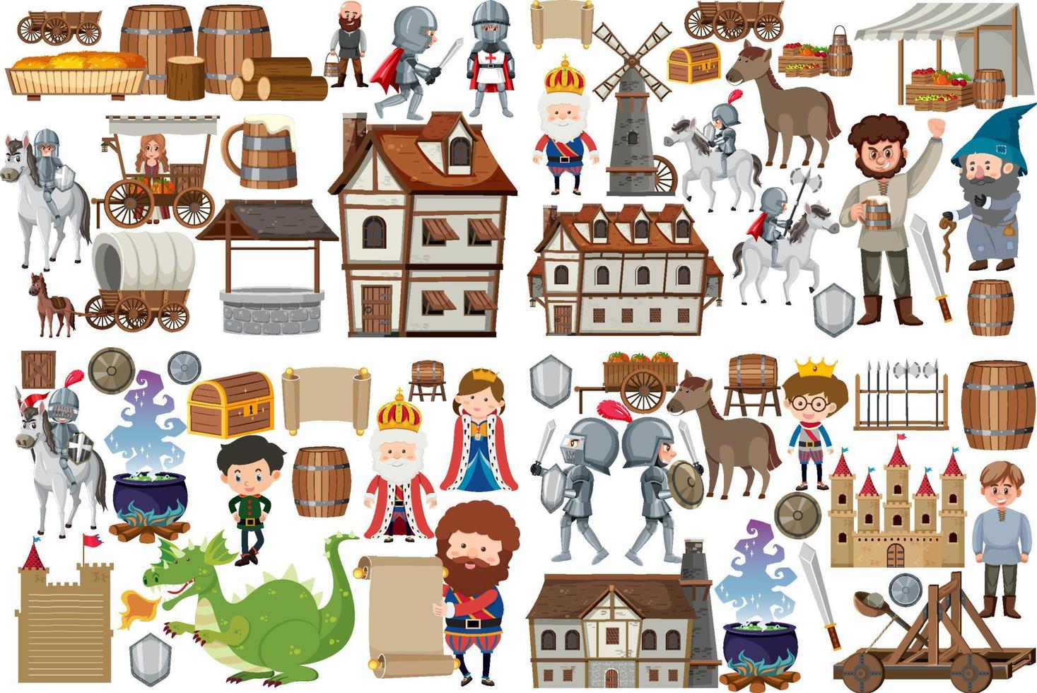 Medieval characters buildings set vector