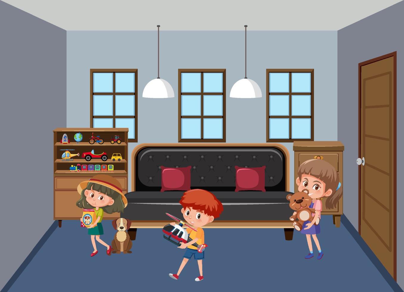 escena de dormitorio con personaje de dibujos animados de niños vector