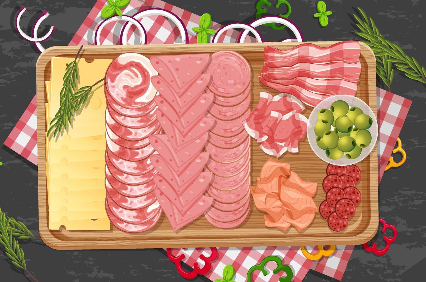 Top view of lunch meat on a wooden tray vector