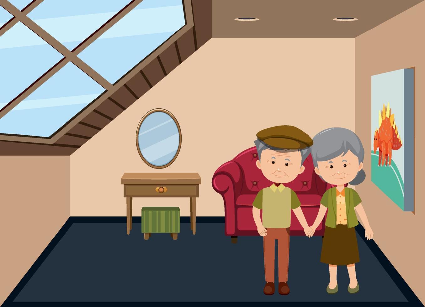 Attic living room scene with cartoon character vector