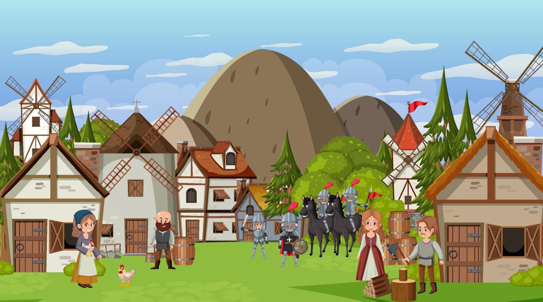 Medieval town scene with villagers vector