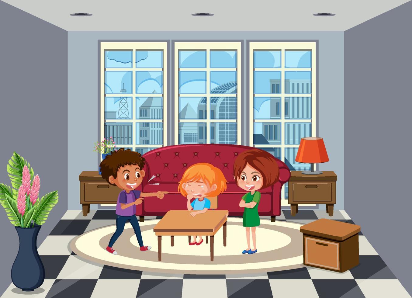escena de la sala de estar con el personaje de dibujos animados de los niños vector