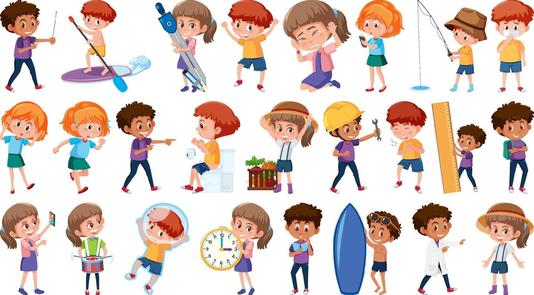 conjunto de niños haciendo diferentes actividades sobre fondo blanco vector