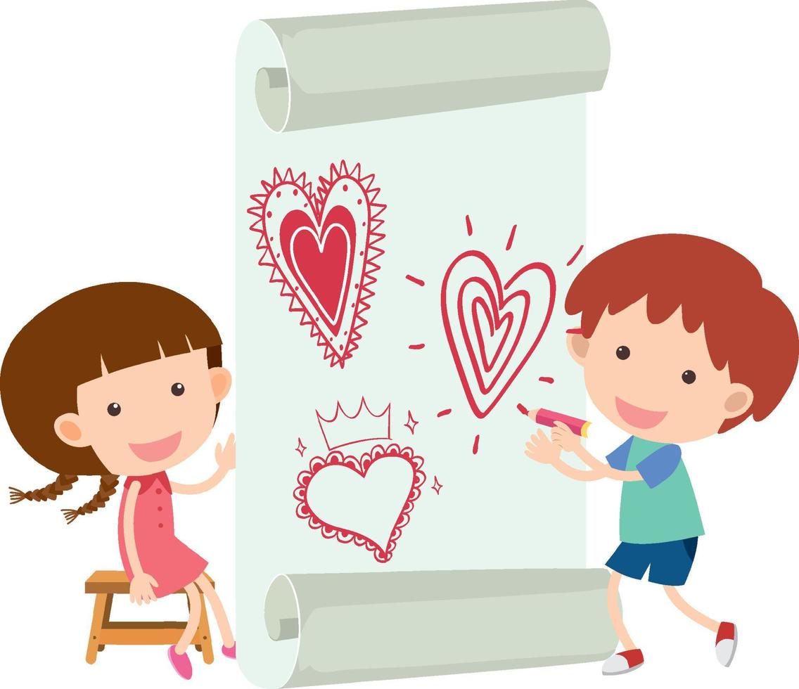 dos niños con corazón garabato en papel vector