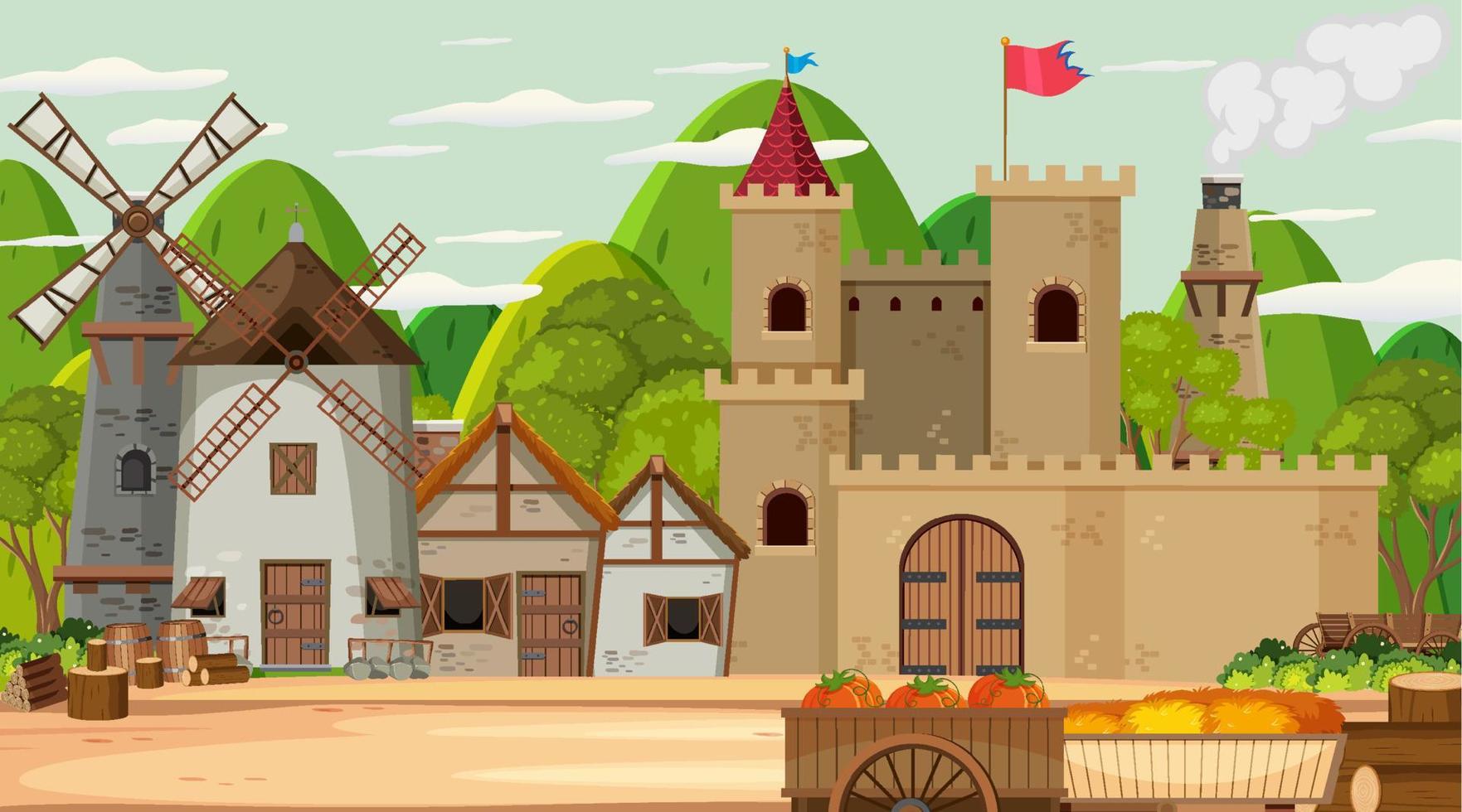 Medieval town scene background vector