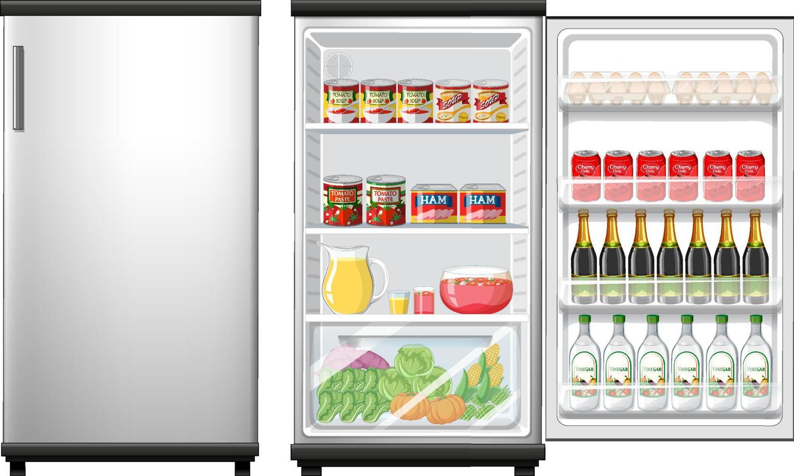 Refrigerator closed and opened door with lots of food 6928623 Vector