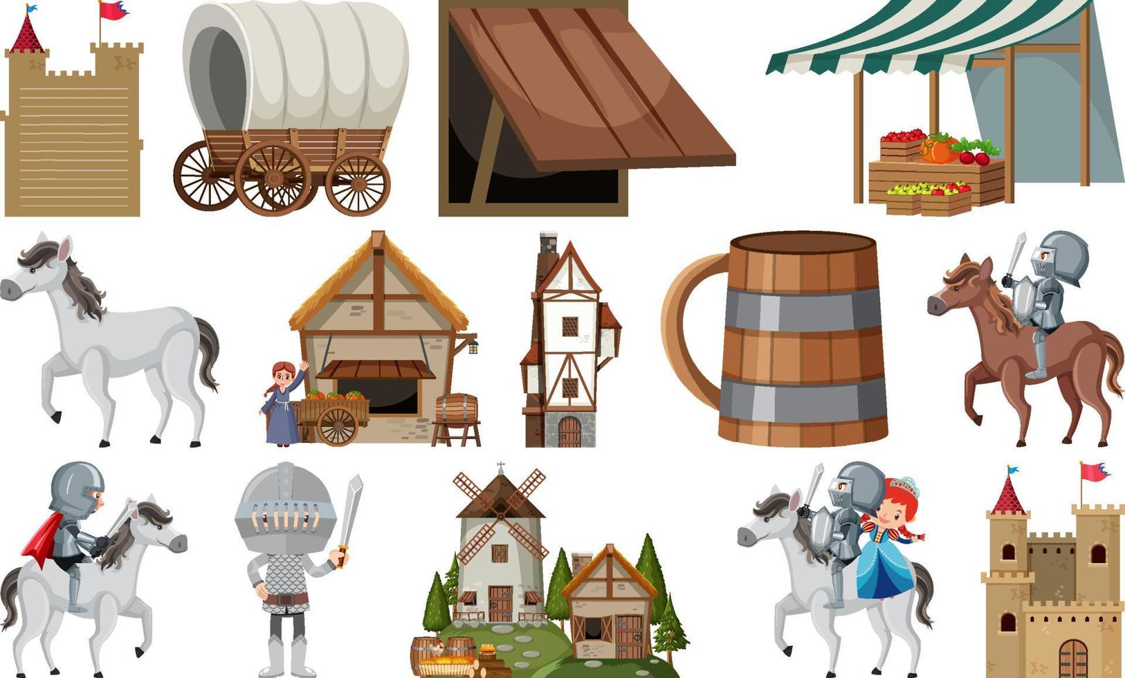 Medieval characters buildings set vector