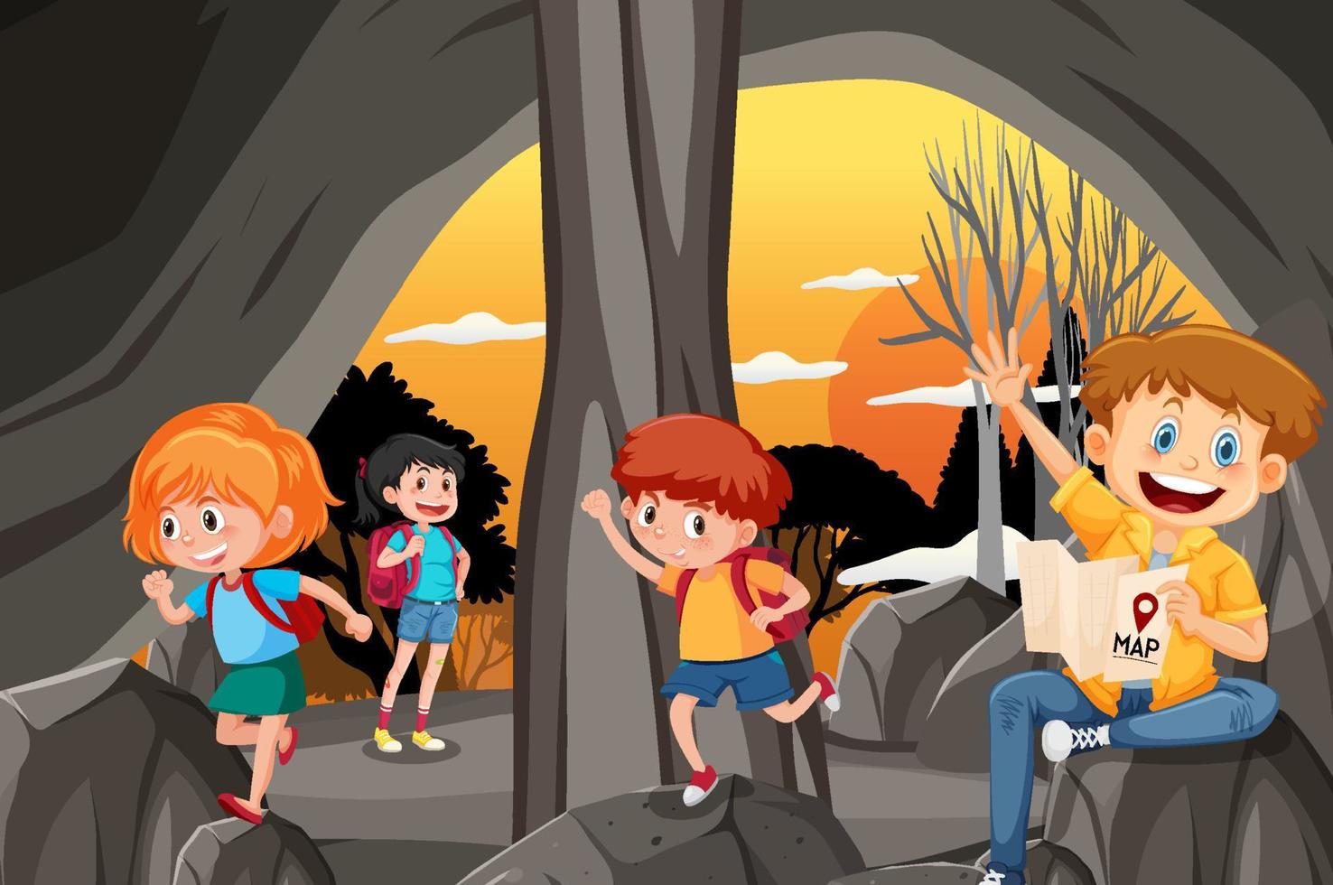 en la escena de la cueva con niños explorando el personaje de dibujos animados vector