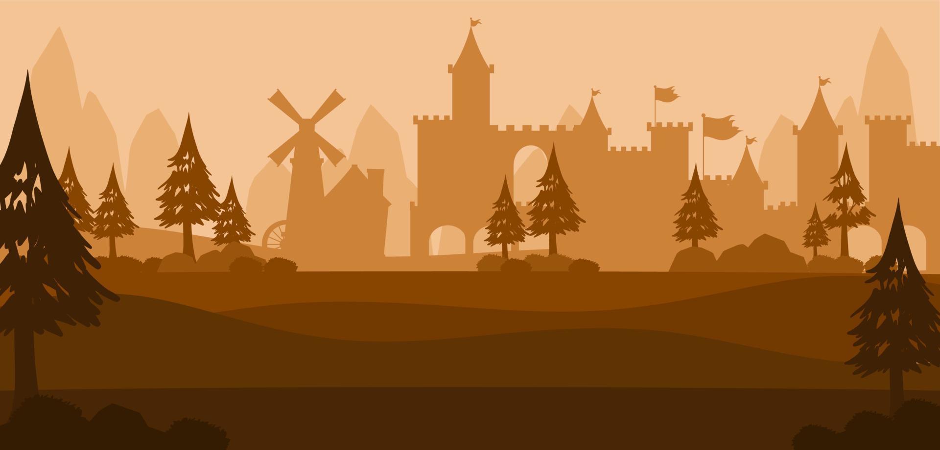 Landscape scene silhouette with medieval town vector