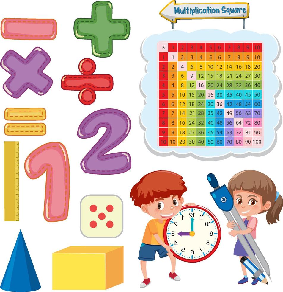Math classroom objects with supplies and students vector