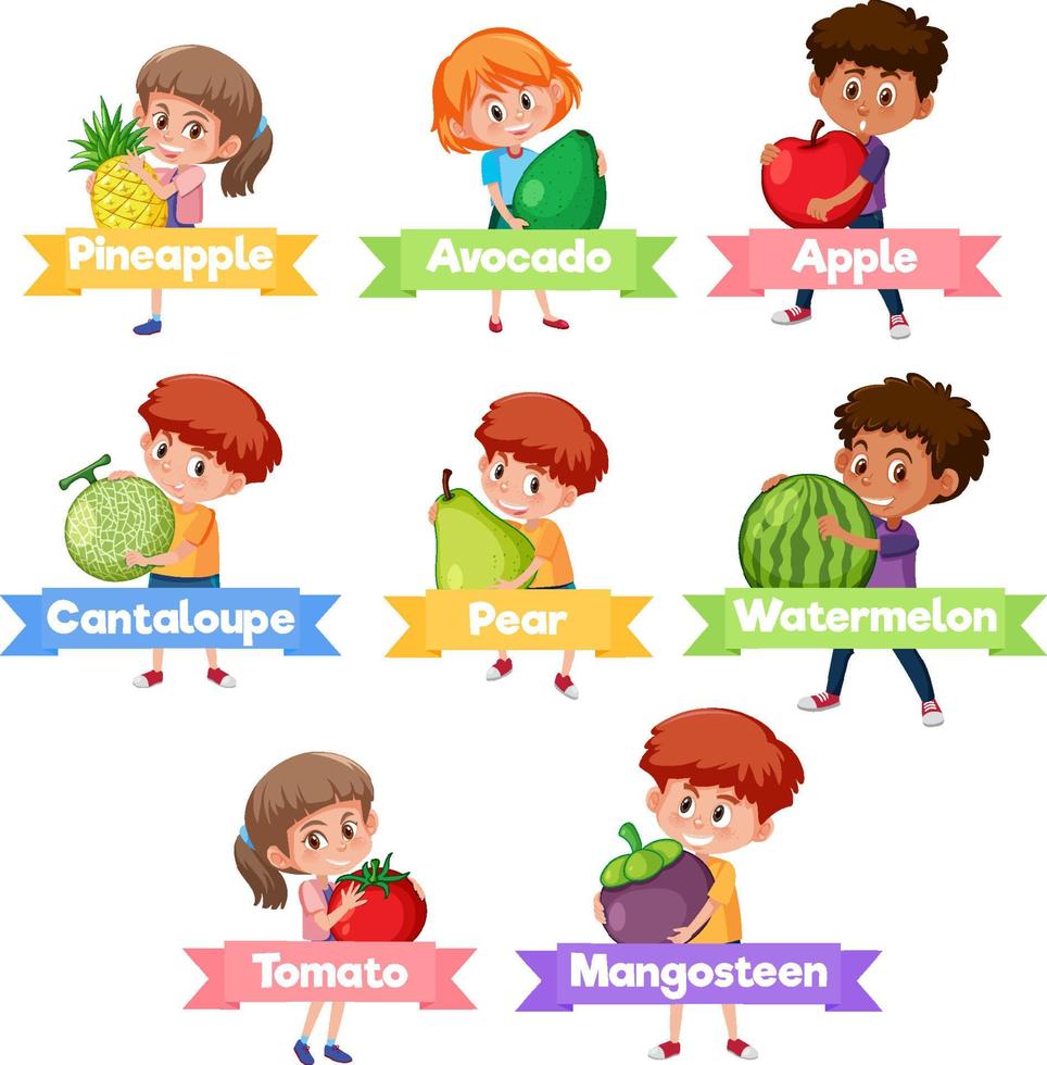 niños con frutas y verduras sobre fondo blanco vector