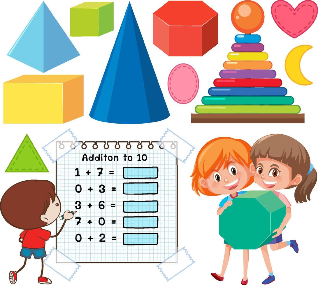 Math classroom objects with supplies and students vector