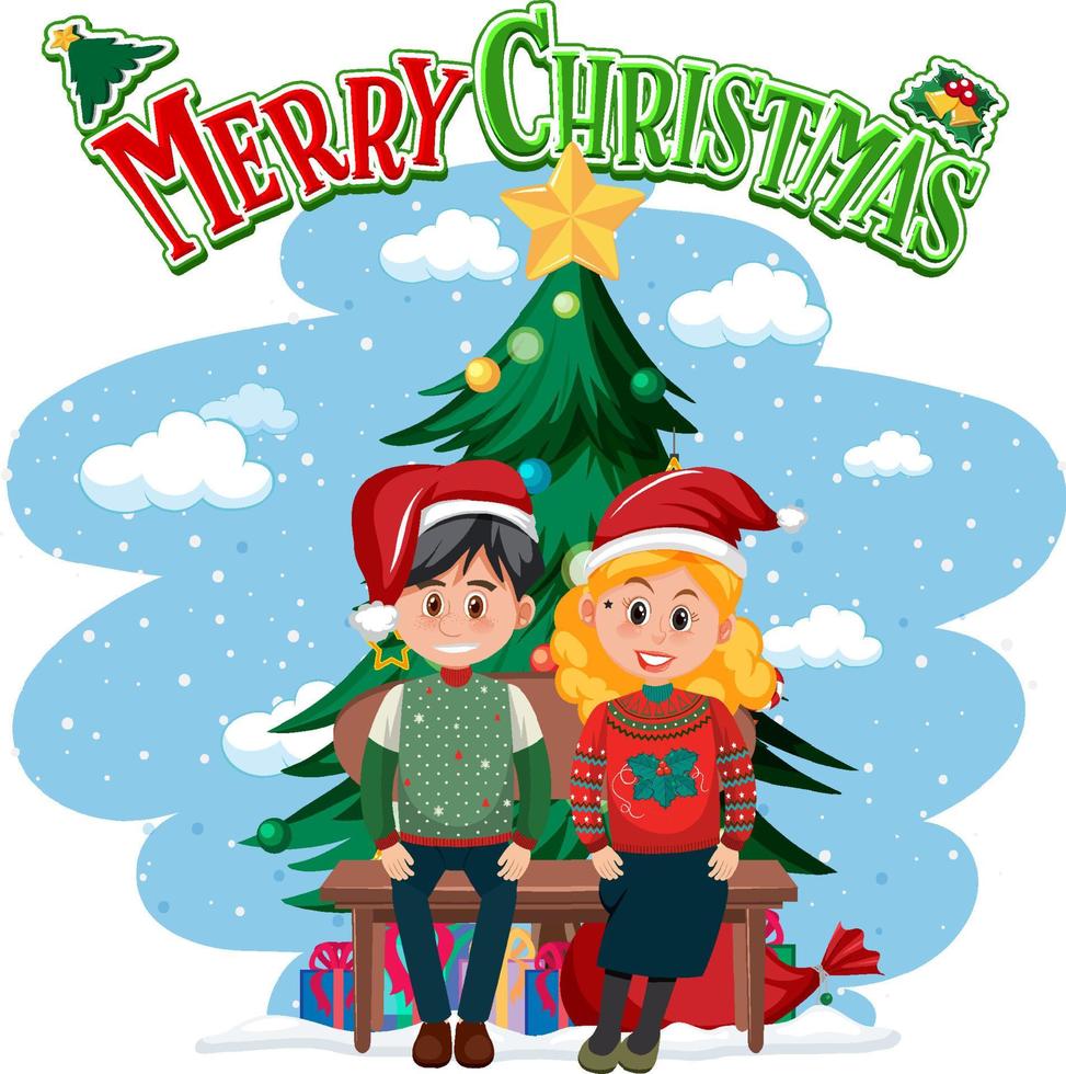 logotipo de feliz navidad con una pareja de hombre y mujer vector