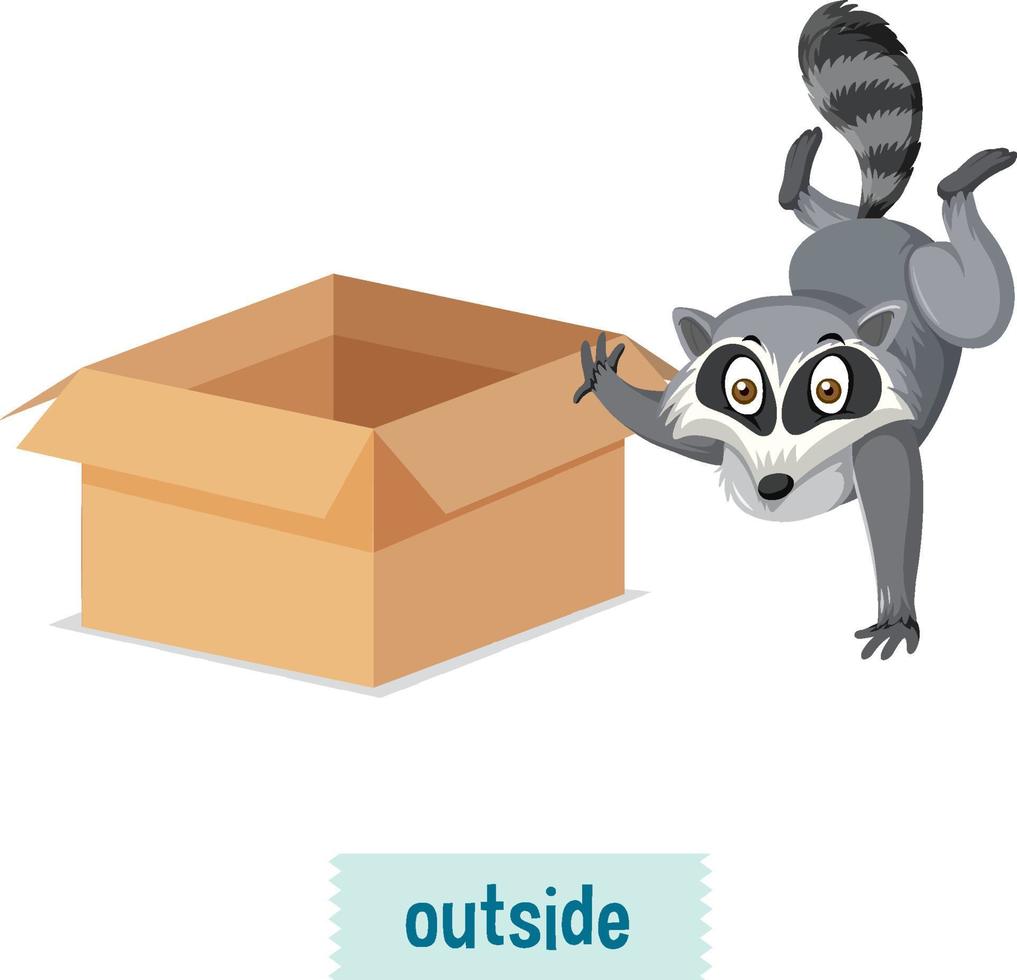 preposiciones en inglés, acción de mapaches fuera de las cajas vector