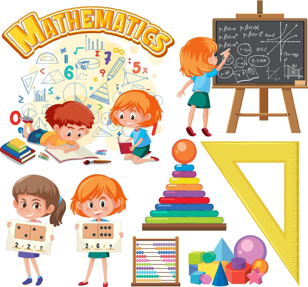 Math classroom objects with supplies and students vector
