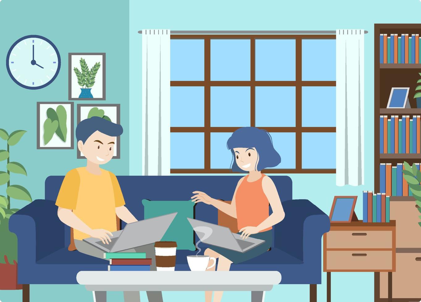 Man and woman working on laptop at home vector