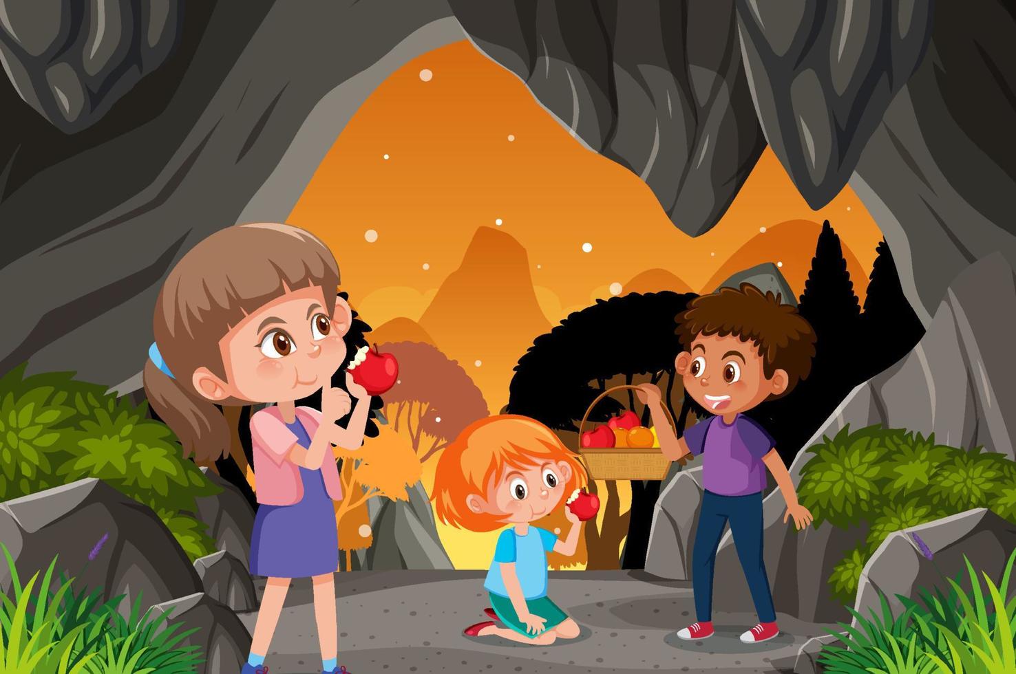 en la escena de la cueva con niños explorando el personaje de dibujos animados vector