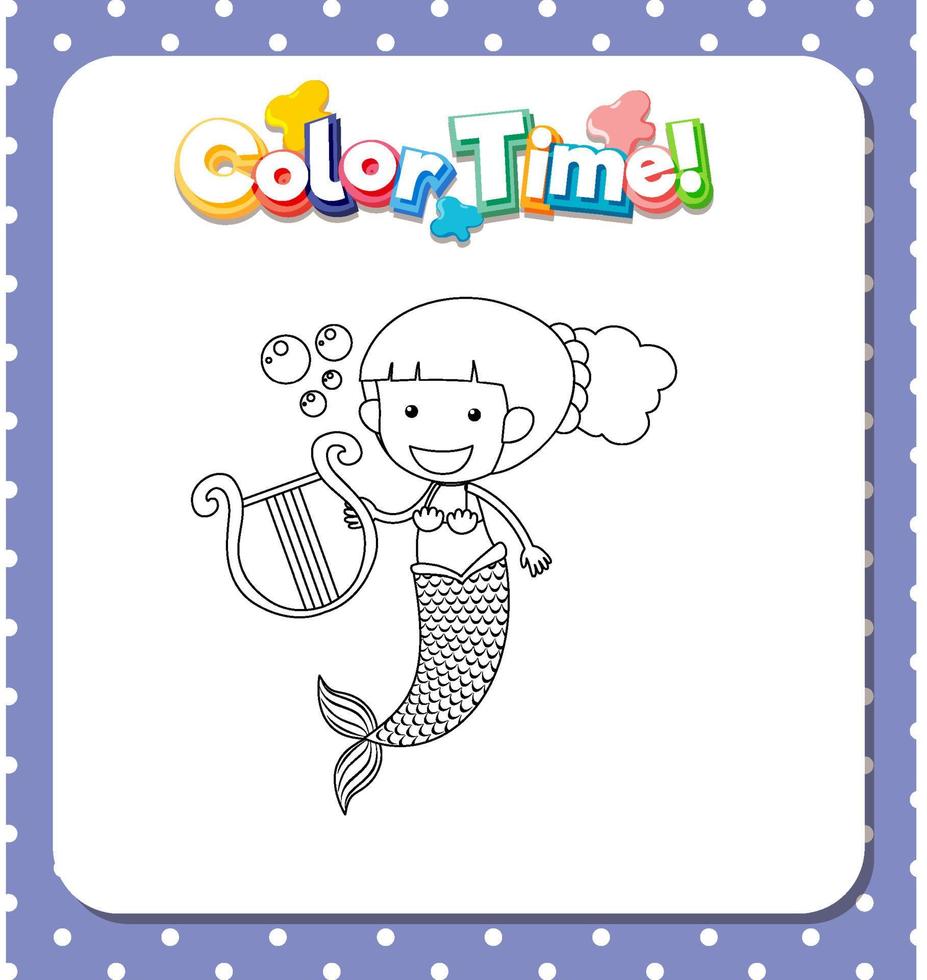 Worksheets template with color time text and Mermaid outline vector
