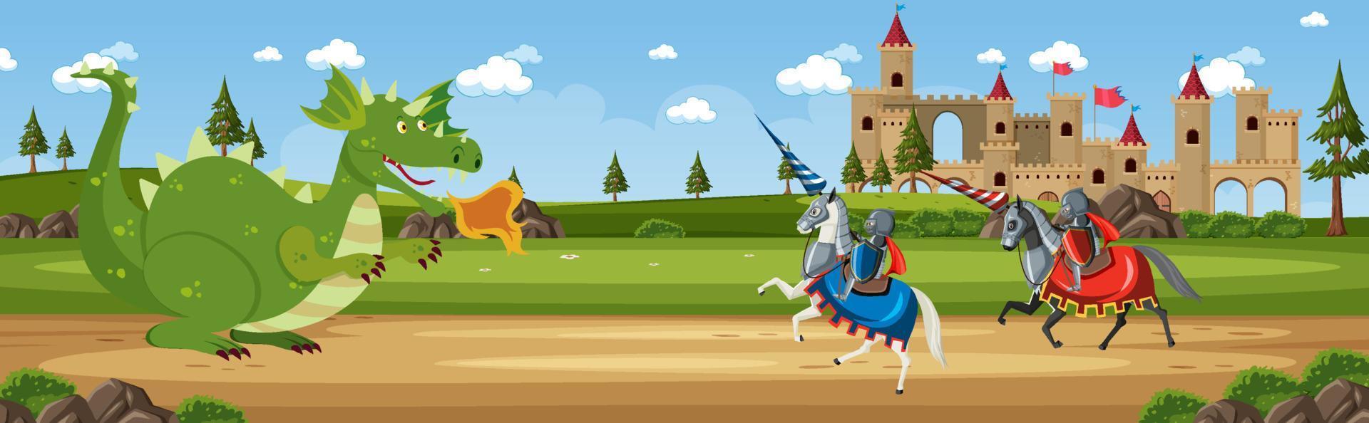 Scene with knight and dragon in fairytale land vector