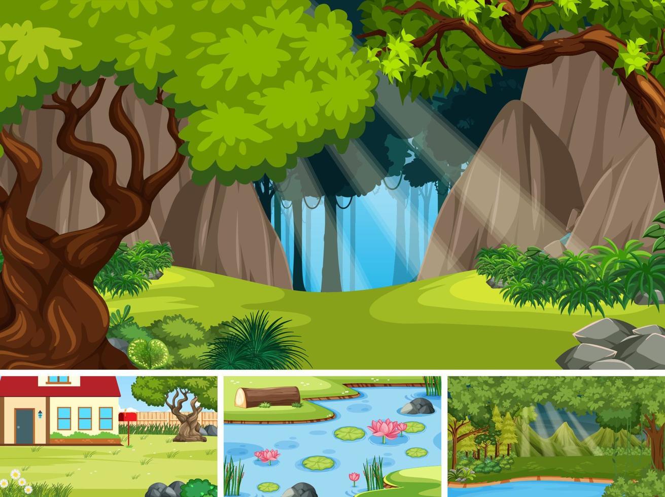 escena de la naturaleza con muchos árboles y estanque vector
