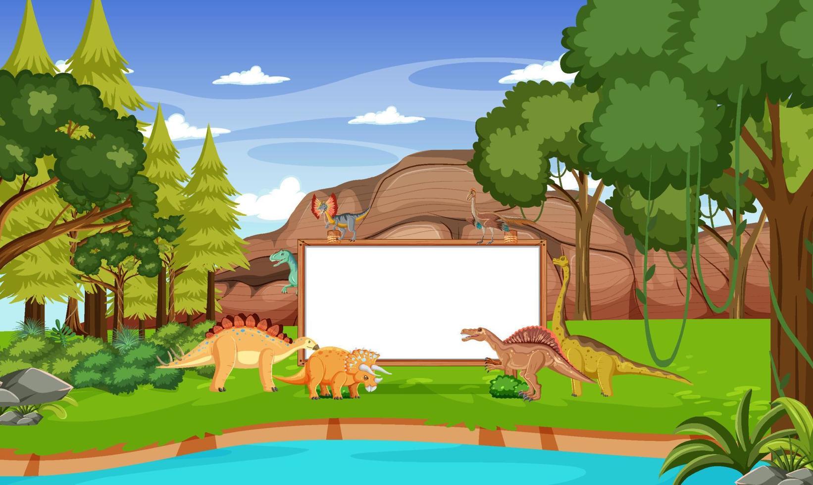 Prehistoric forest with empty board and dinosaur vector