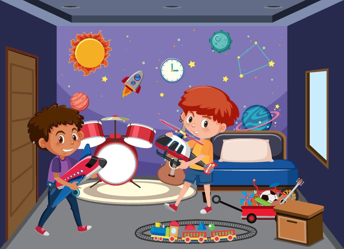 Bedroom in space galxy theme with children cartoon character vector