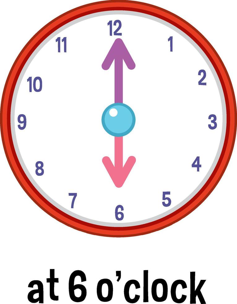 preposiciones de tiempo en ingles con reloj a las 6 vector