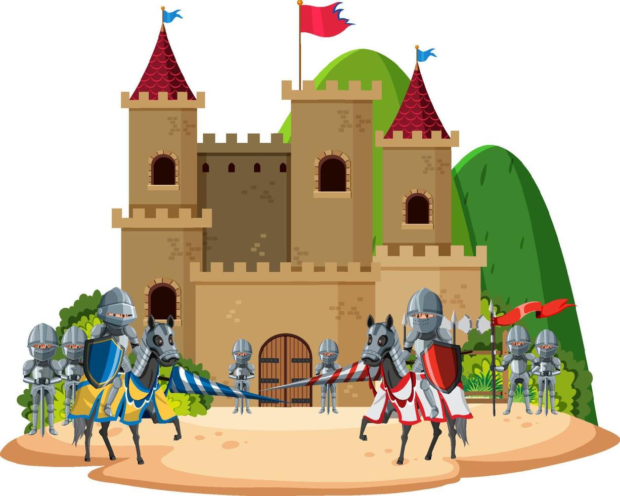 paisaje aislado del castillo medieval con caballeros de armadura vector