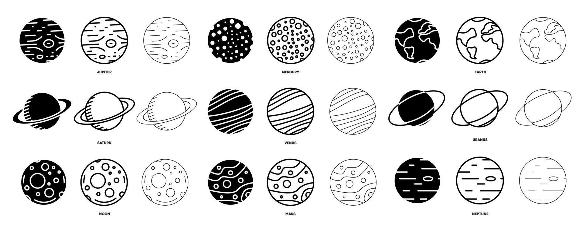 vector de conjunto de iconos de planeta. diseño moderno tierra, venus, luna, saturno, marte y muchos iconos de planetas. conjunto de diseño de icono de logotipo para sitio web y aplicación móvil. dibujo editable y silueta en uno.