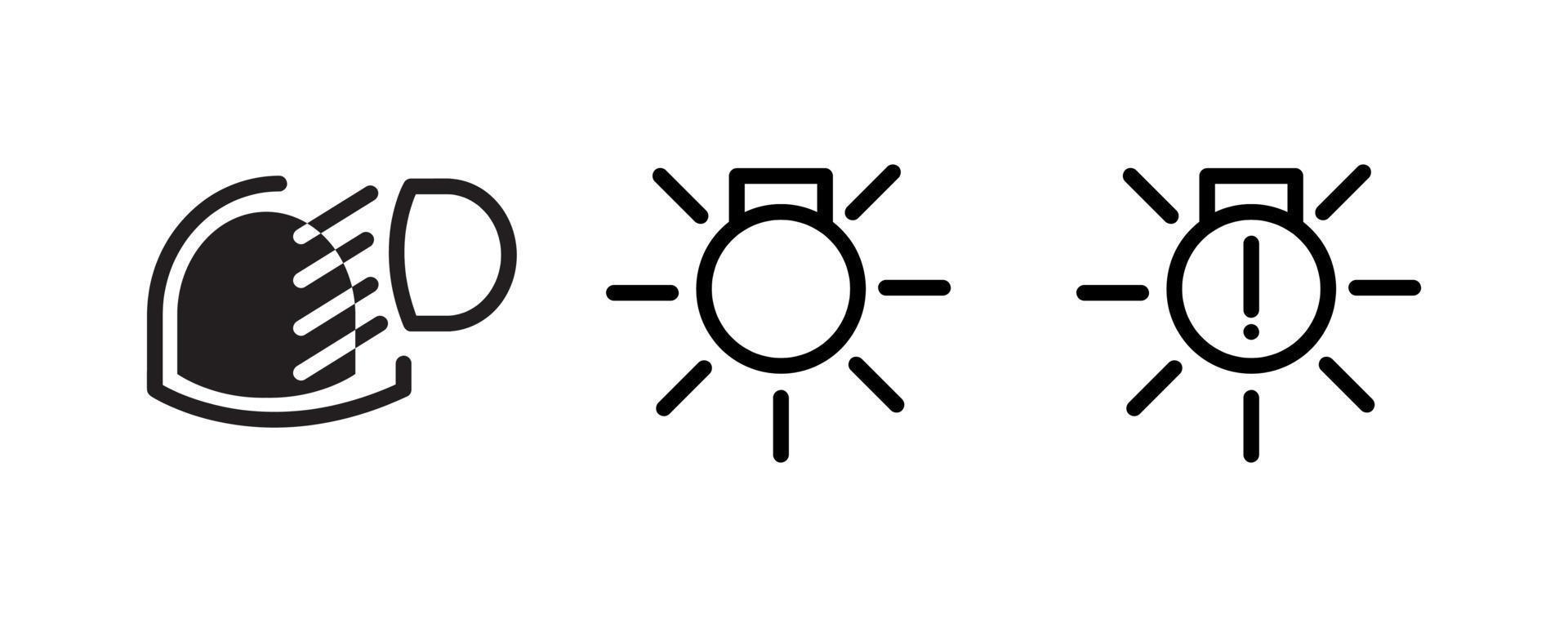 Vector icons of vehicle dashboard indicators. Such symbols include automatic rain and headlight, daytime running light and warning symbol. Editable line icon.