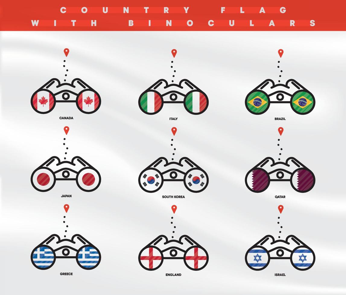 Country flags location icons. Viewing country locations with binoculars, location icons for travel. Flags of Greece, England, Israel, Brazil, Qatar and many countries. Editable stroke. vector