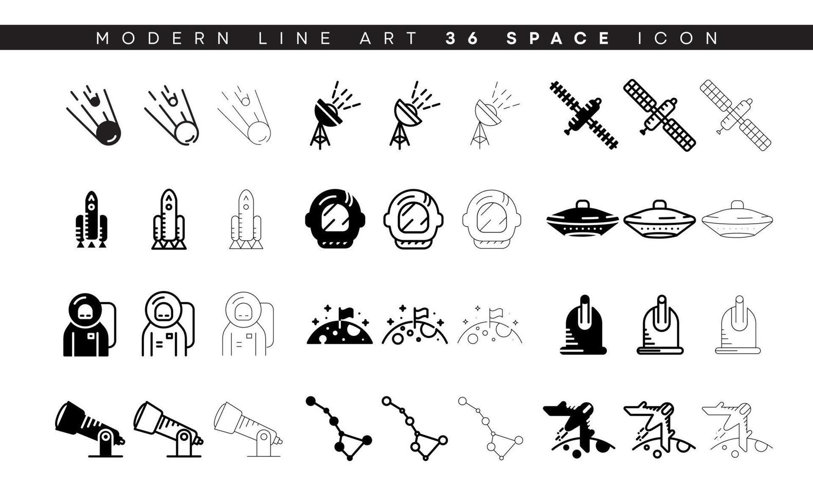 varios conjuntos de iconos de espacio. estos iconos son símbolos relacionados con el espacio. silueta, conjunto de líneas delgadas y gruesas. aislado en blanco línea editable. icono de espacio, signo de espacio, vector de línea de símbolo.