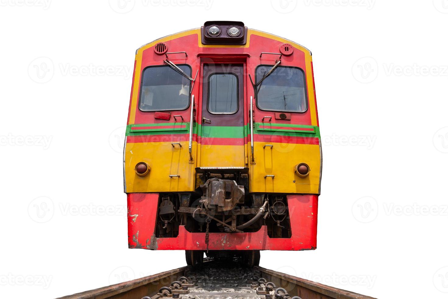 Vintage train on white background. Front view of the train. photo