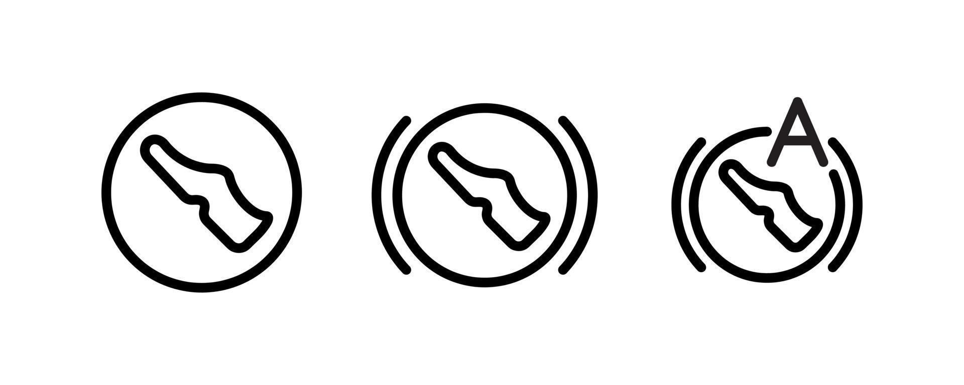 Vector icons of vehicle dashboard indicators. Such symbols include foot brake, automatic brake and clutch pedal panel. Editable line icon.