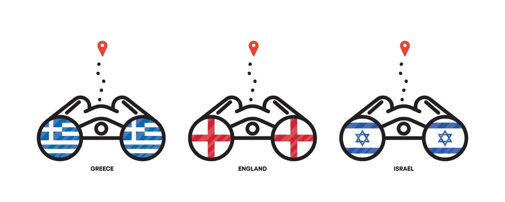 iconos de ubicación de banderas de países. ver ubicaciones de países con binoculares, iconos de ubicación para viajar. banderas de grecia, inglaterra, israel. trazo editable. vector