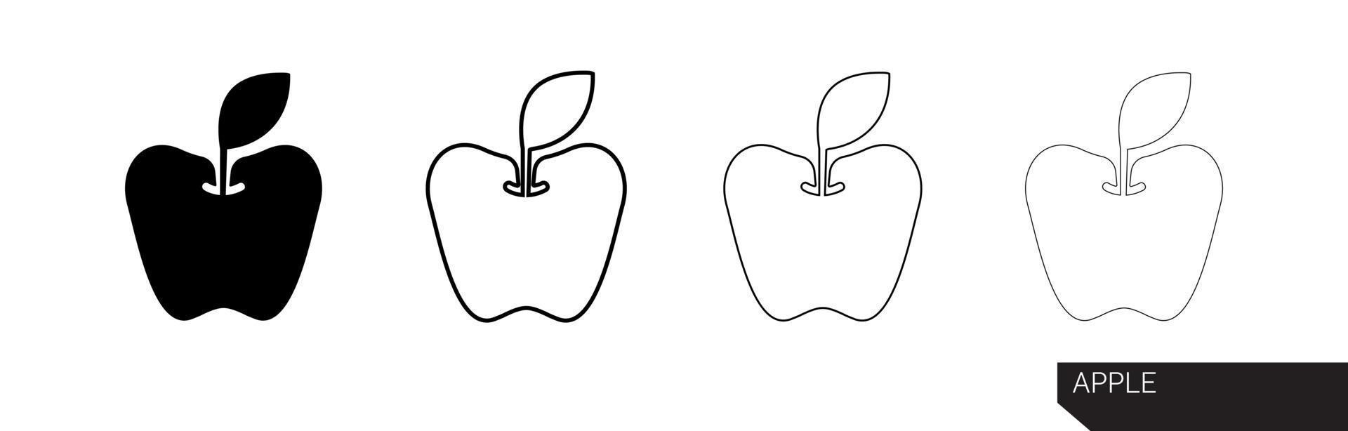 Apple icon. Apple silhouette vector icon illustration in black color isolated on white background. Apple icon in different thicknesses. Modern line art design.