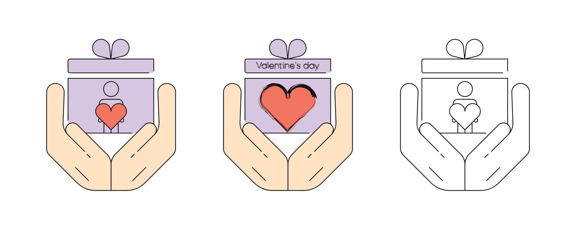 caja de regalo con corazón en mano. conjunto de iconos de línea delgada de San Valentín. 14 de febrero día de san valentín. simple 14 de febrero símbolo negro y color en blanco. diseño web, diseño de logotipo, banner de banner. ilustración vectorial vector