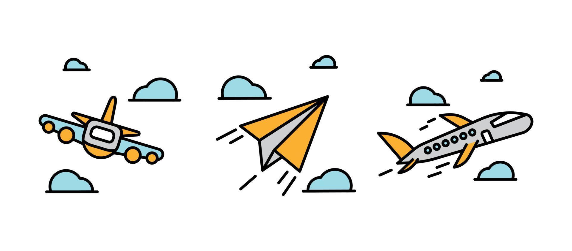 Airplane icon set. Cardboard airplane and jet plane drawing set among clouds. Airplane related icon set. Colorful linear set. vector