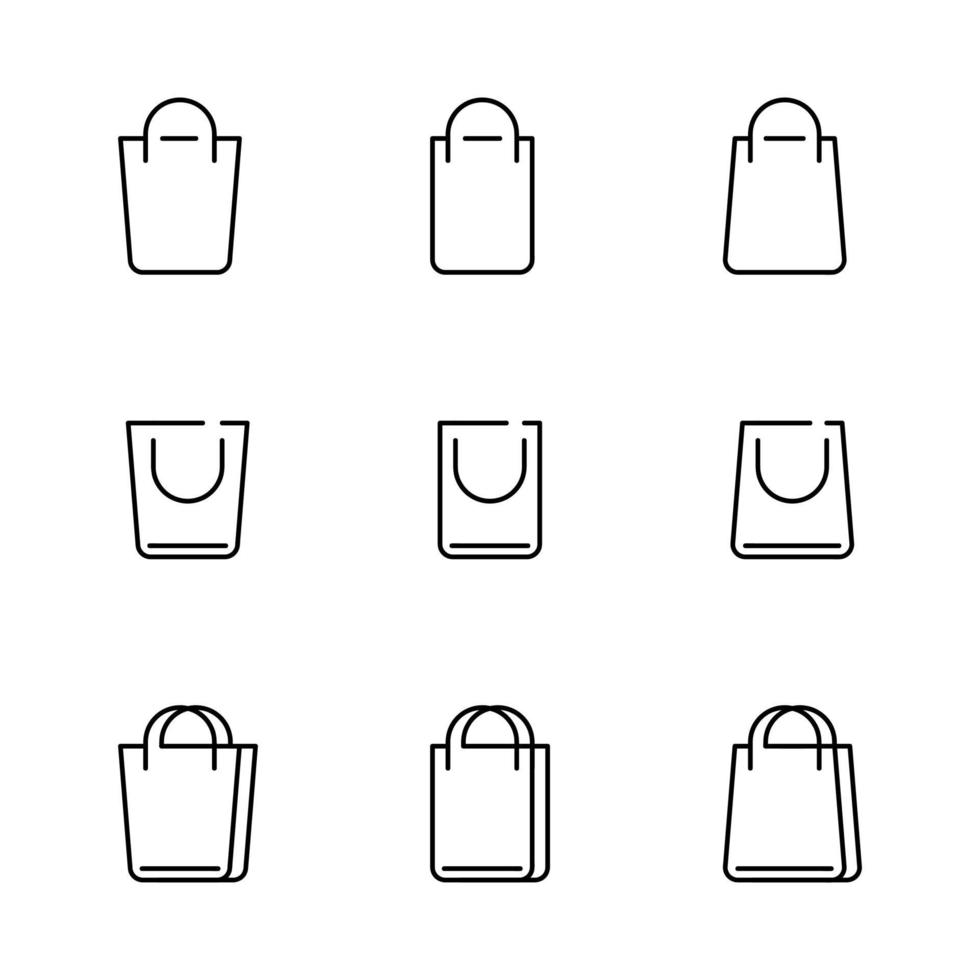 9-pack icon in the form of thin line. Shopping bag icons. Collection of Black Line Icons Isolated on White Background. Modern Vector Illustration