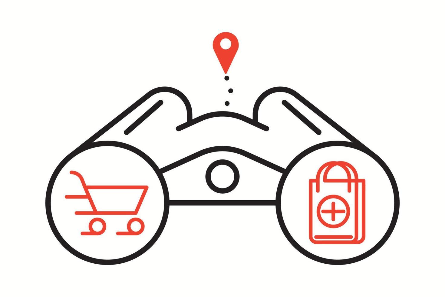 Binoculars icon set. The binocular line icon follows a shopping location, adding something through the lens to the shopping cart and bag. Colorful binoculars set. Editable Stroke. Logo, web. vector
