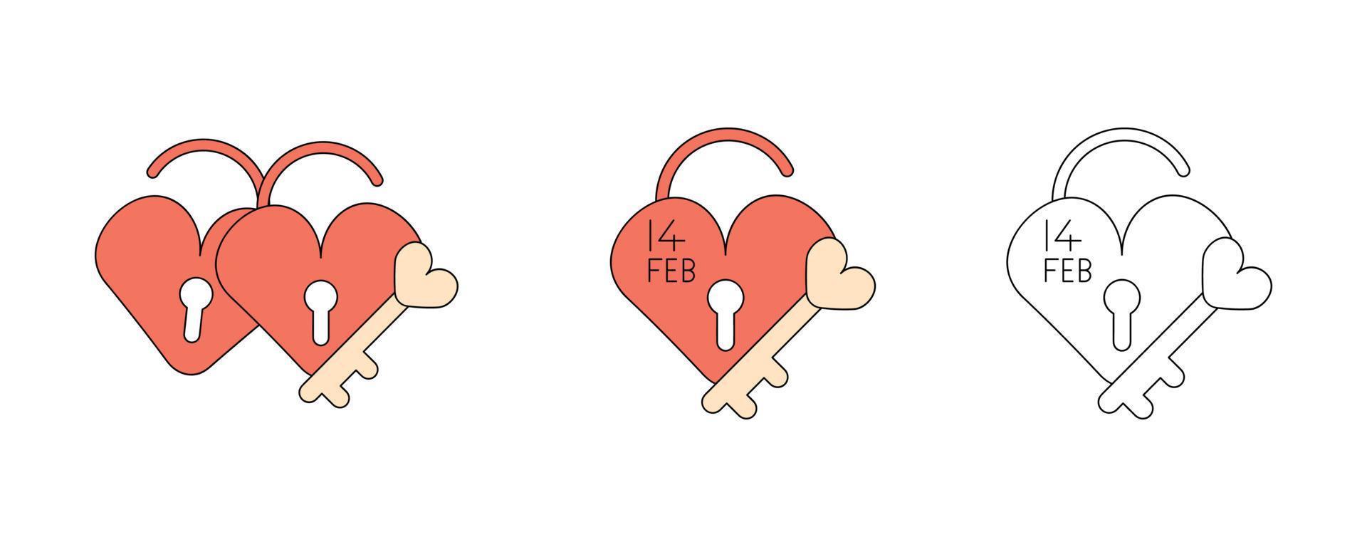 The key to the heart and unlocked. Valentine's day thin line icon set. February 14 Valentine's Day. White simple February 14 black and color symbol. Web design, logo design, poster poster. vector