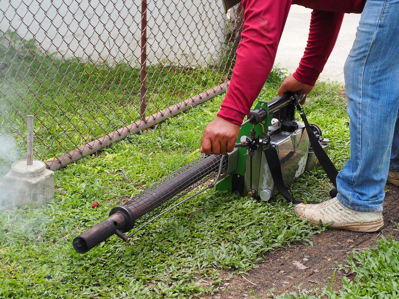 Workers open a fog spraying area with pesticides to kill mosquitoes photo