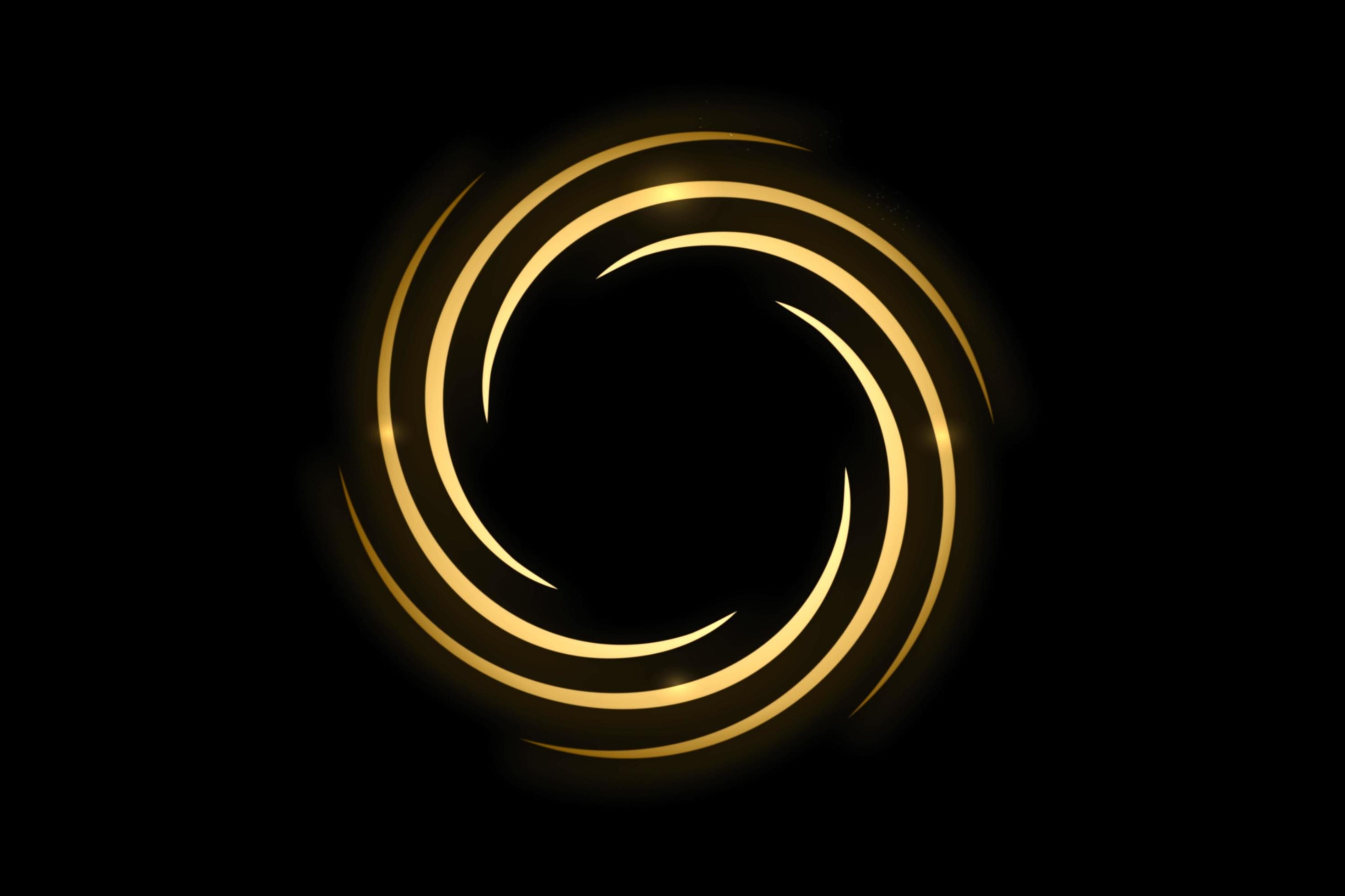 Gold spiral with circle ring on black backdrop, abstract background