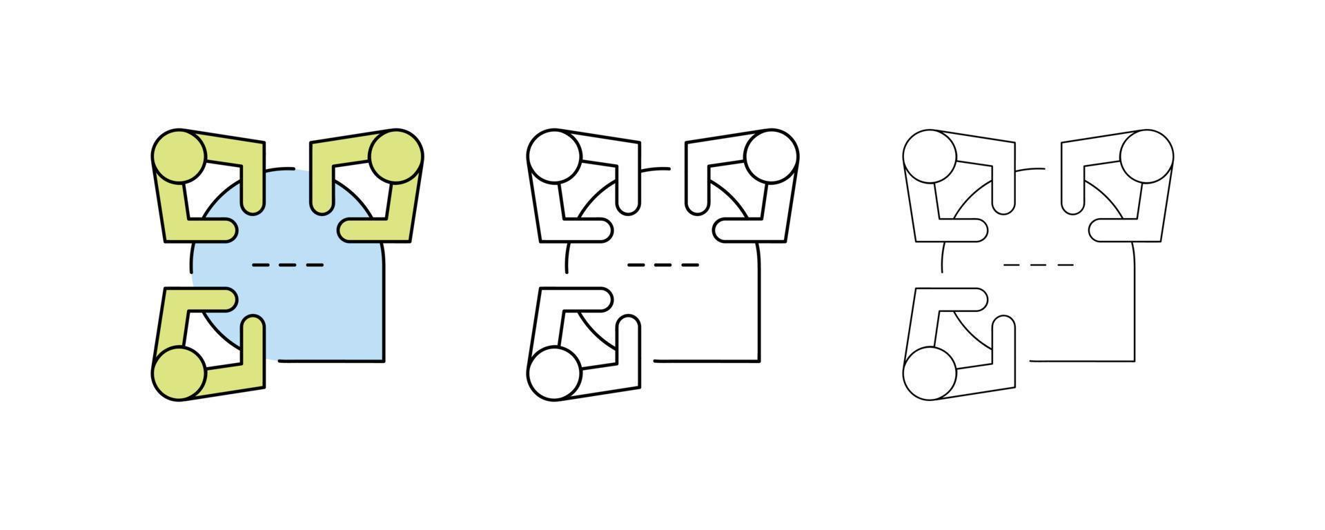 Teamwork Related Vector Line Icons Different thickness and colorful icon. Speech bubble table style, meeting around the table. Website and logo design. Editable Stroke. Modern line art icon set.