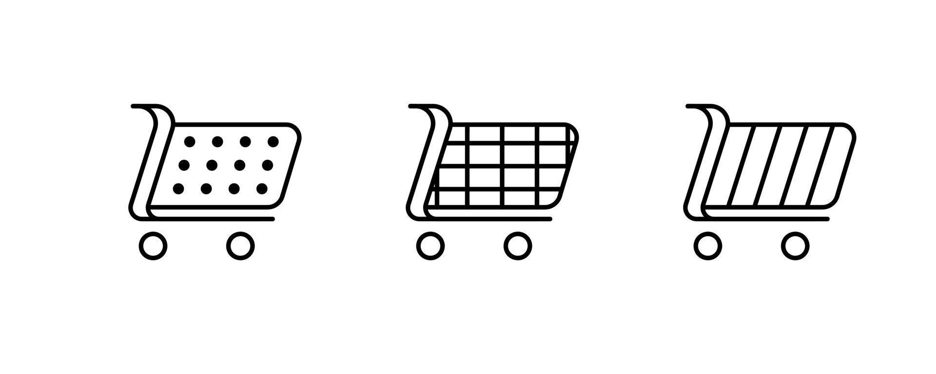 conjunto de 3 iconos de carrito de compras diferentes. colección de íconos web de varios íconos de carritos de compras en varias formas para la tienda en línea. agregar al carrito símbolos del sitio web, pictogramas de interfaz de usuario. Linea de arte. vector