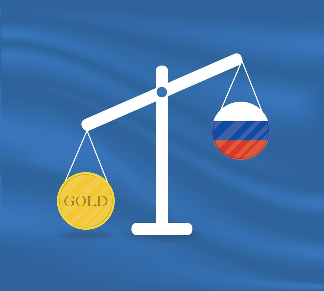Currency round yellow gold on Libra and the economy balances of the country of Russia. Gold is rising, the currency value of the country is decreasing. Money value and purchasing power change. vector