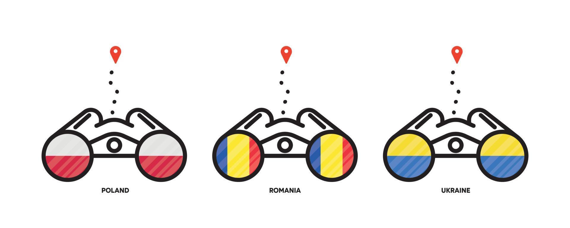 Country flags location icons. Viewing country locations with binoculars, location icons for travel. Flags of Poland, Romania, Ukraine. Editable stroke. vector