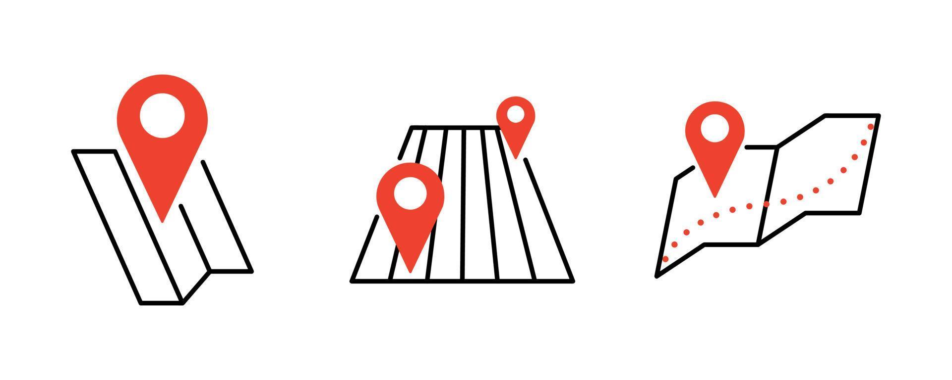 conjunto de iconos de línea de ubicación y mapa. dichos iconos incluyen temas como la ubicación y el inicio de una ubicación en el mapa. colorido conjunto de iconos de ubicación. trazo editable. iconos de logotipo, web y aplicaciones móviles. vector